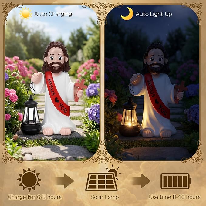 Capoda Solar Jesus Figurine 8 Inch, He is Risen Easter Statue with Glowing Lantern, Jesus Loves You Christian Resin Outdoor Garden Statue Decor, Religious Easter Gifts(Cross,Red)