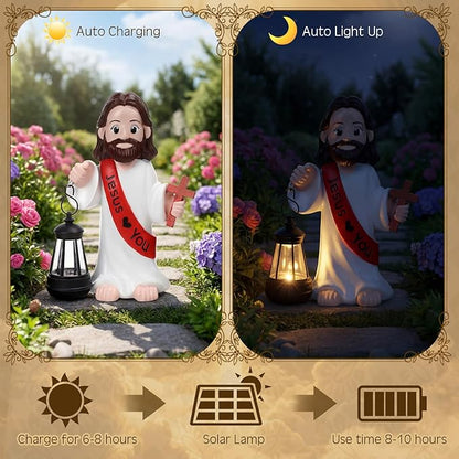 Capoda Solar Jesus Figurine 8 Inch, He is Risen Easter Statue with Glowing Lantern, Jesus Loves You Christian Resin Outdoor Garden Statue Decor, Religious Easter Gifts(Cross,Red)