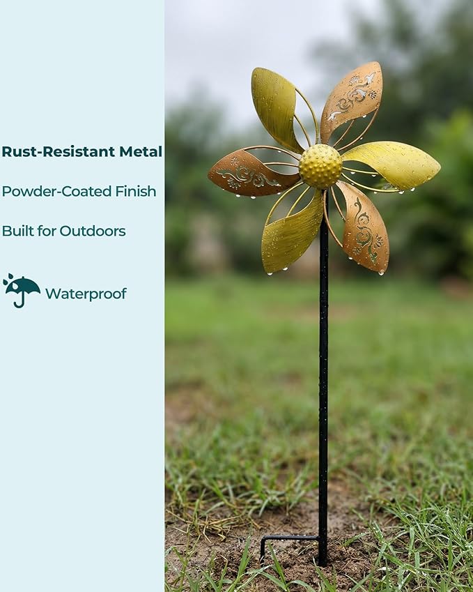 37" Metal Wind Spinner for Yard & Garden, 10" Kinetic Outdoor Garden Spinner, Rust-Resistant Decorative Yard Art (Gold Ornate Laser-Cut Floral)