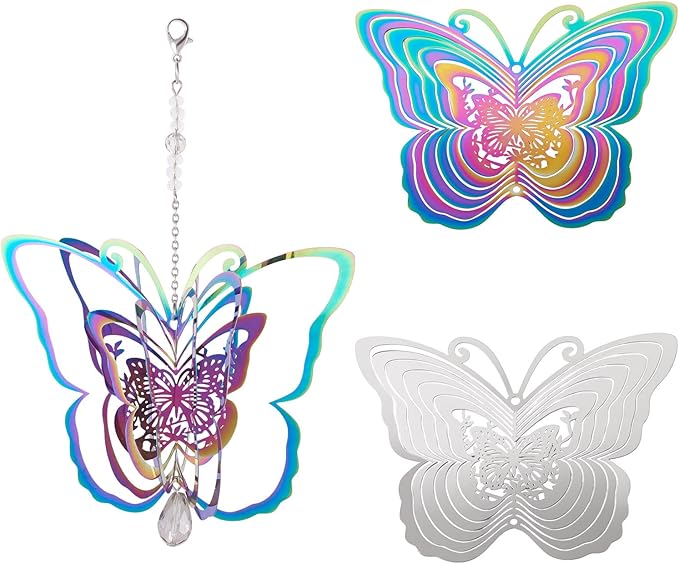 Butterfly Wind Spinners Outdoor 3D Stainless Steel Wind Sculpture Spinner for Garden Outside Hanging Decor Gradient Winds Chimes for Yarn Home Party Decor 2Pcs