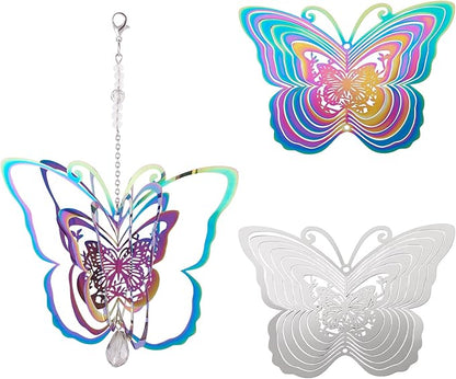 Butterfly Wind Spinners Outdoor 3D Stainless Steel Wind Sculpture Spinner for Garden Outside Hanging Decor Gradient Winds Chimes for Yarn Home Party Decor 2Pcs
