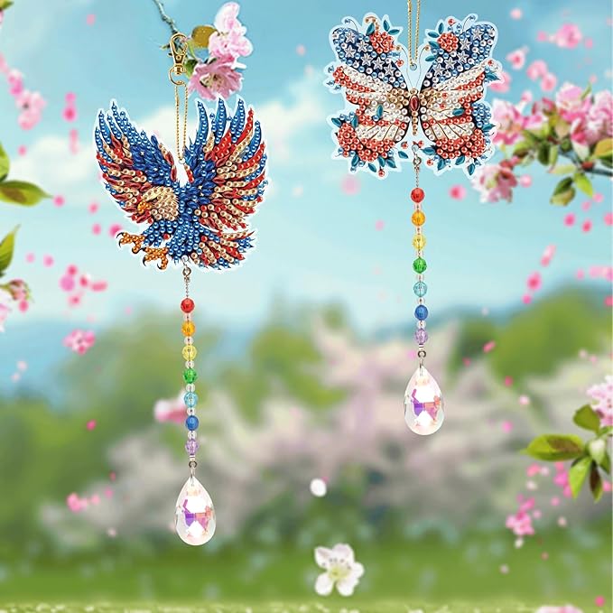 2pcs Diamond Art Painting Wind chime with Crystal pendant, DIY Eagle and Butterfly Double-sided design Special Shape Acrylic Crystal Diamond Art Ornament, Home Window Garden Hanging Pendant Decoration