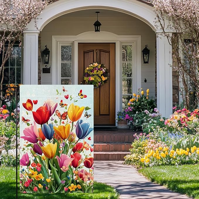 Spring Summer Tulip Garden Flag 12x18 Inch Double Sided, Colorful Welcome Yard Decor, Farmhouse Outdoor Flag for Lawn Patio Porch