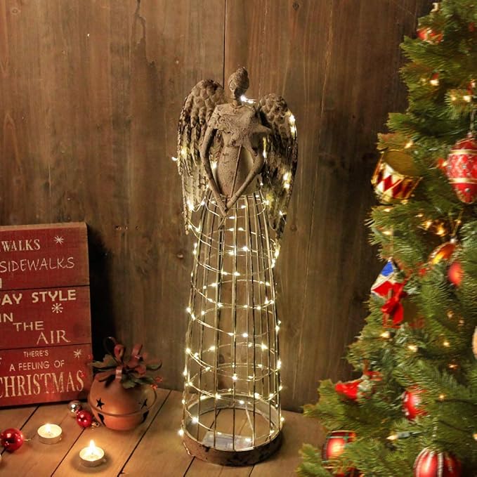 Angel Garden Statue with Star, Outdoor Antiqued Metal Yard Art Decor Lawn Patio Decorations Garden Trellis for Climbing Plants Potted Vines Ivy Roses Gift Idea For Thanksgiving, 26’’H (Star)