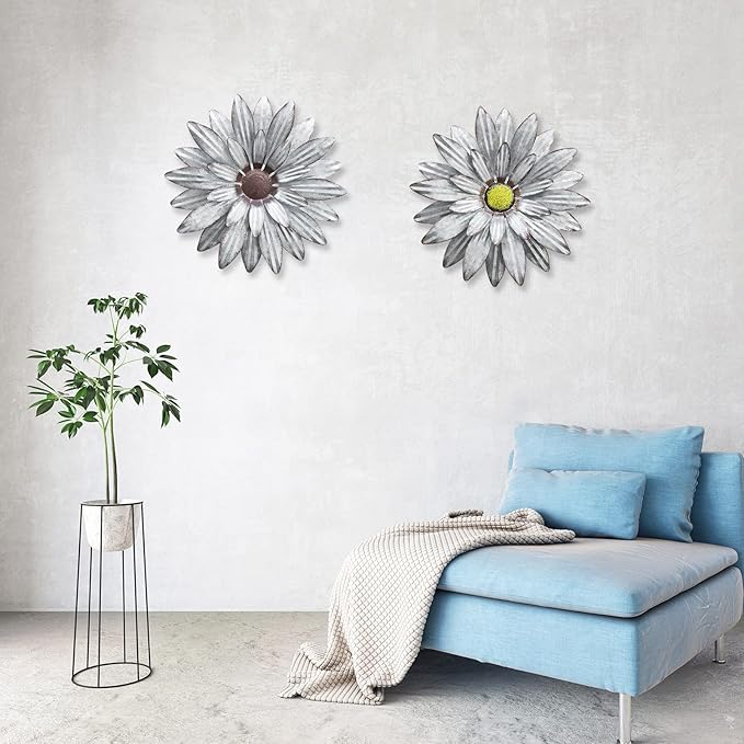 Galvanized Farmhouse Metal Flowers Wall Decor Inspirational,Wall Decor Hanging for Indoor Outdoor Home Bedroom Living Room Office Porch Patio Garden Fence 13Inch,Handmade Gift, Set of 2