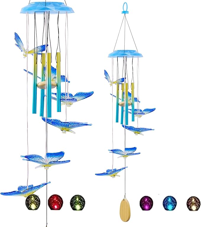 Outdoor Solar Wind Chime Decoration, Mother's Day Birthday Gifts for Grandma, Mom and Family, Outdoor Garden and Courtyard Wind Chime Accessories (Blue Butterfly)