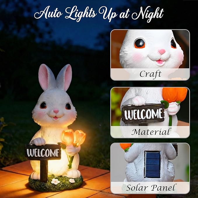 Solar Garden Outdoor Rabbit Statue Lights, Waterproof LED Bunny Sculptures for Patio Yard Lawn Backyard Decor (White)
