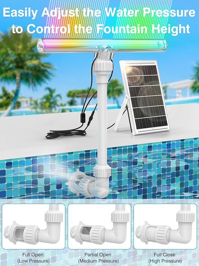 Solar Pool Fountain with 15-Color LED Lights, Adjustable Water Pressure & Angle, Fun Pool Sprinkler Waterfall for Above & Inground Pools, Ponds & Outdoor Decorations