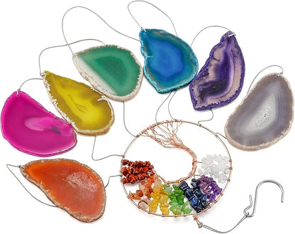 Yoption 7 Chakra Healing Stone Tree of Life Memorial Wind Chime, Natural Crystal Agate Slices Windchimes for Indoor Outdoor Decoration Ornament, 18-19 inch
