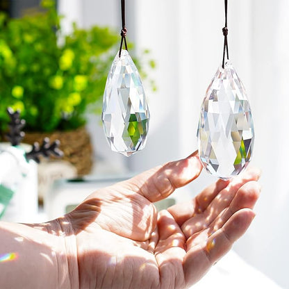 Set 2 Crystal Prism Clear Faceted Glass Olive Prisms Chandelier Crystal Hanging Ornaments for Christmas Tree DIY Suncatcher Pendants Rainbow Maker (76mm,89mm)