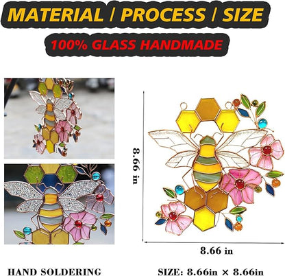 Honeybee with Flowers Ornaments Bee Handmade Stained Glass Window Hanging Suncatcher for Indoor/Outdoor Window Garden Home Kitchen Decor Gift for Women Teacher Bee Lover