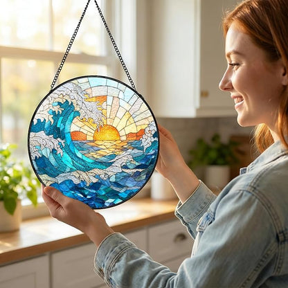 Stained Glass Sun Catcher Window Hanging - Blue Wave and Sunlight Design, Well Made Indoor Home Decor for Mother's Day, Birthday, Christmas for Women, Men, Mom (Blue Wave) 7.8in