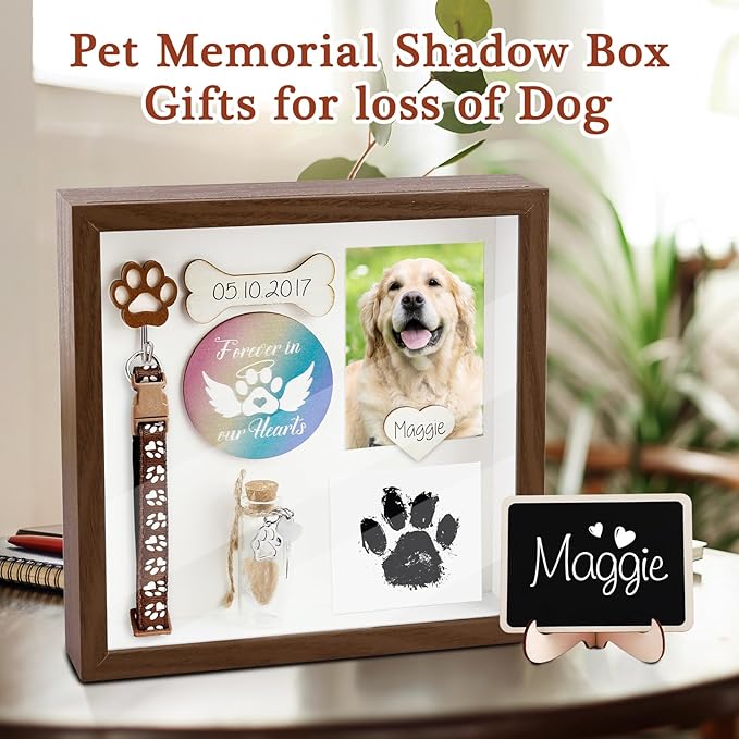 Dog Memorial Wind Chimes and Shadow Box, Pet Memorial Gifts for Dogs, Loss of Dog Cat Sympathy Remembrance Gift Picture Frame Set, Pets Passing Away Bereavement Grieving Gift