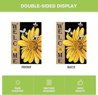 AVOIN colorlife Spring Summer Bee Sunflower House Flag 28x40 Inch Double Sided, Welcome Holiday Burlap Yard Outdoor Decoration