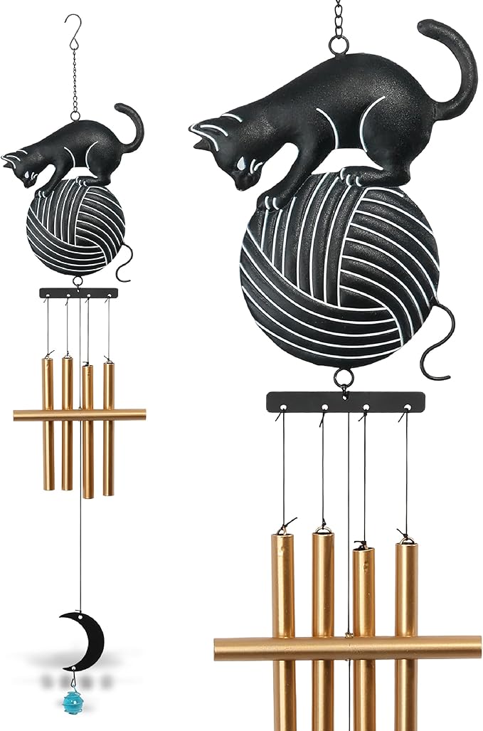 CoTa Global Cat Playing with Yarn Ball Wind Chime - Black Metal Cat Silhouette Hanging Decor with Gold Tone Wind Chime Tubes, Indoor Outdoor Porch Patio Yard Garden Decoration - 31 Inches