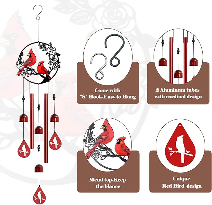 Wind Chimes for Outside Cardinal Wind Chimes Windchimes Outdoors Red Bird Wind Chime Cardinal Gifts for Women Mom Grandma Sisters