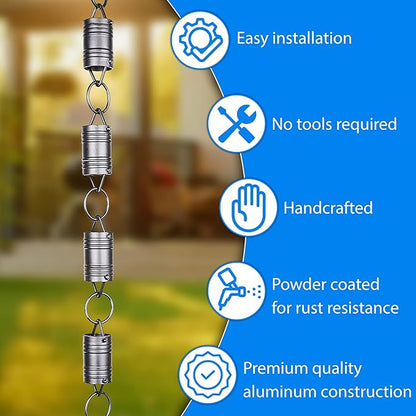 RainChains Pacific Six Spheres Rain Chain 8.5ft Black Aluminum Rain Chains for Outside Modern Decorative Gutter Chain.