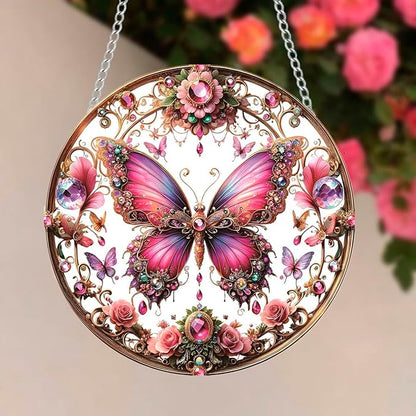 Butterfly Stained Window Hangings with Chain – Pink Floral Acrylic Ornament for Garden, Patio and Indoor Decor, Housewarming Gift for Mom, Grandma