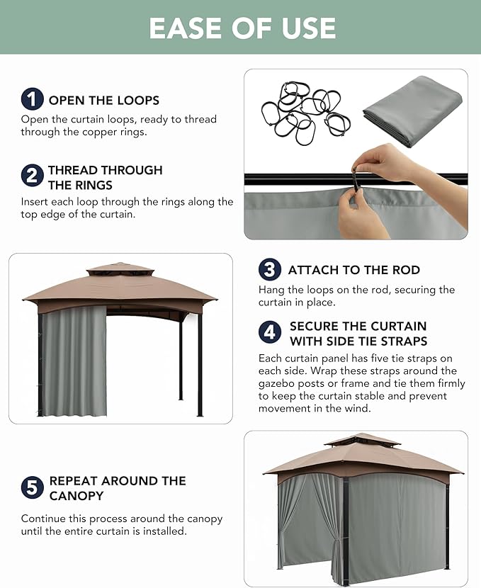 Gazebo Curtains Outdoor Waterproof - 10'Wx12'Lx7.9'H Gazebo Universal Replacement Privacy Curtains, 4 Panels Sidewall Drapes with Zipper for Patio Pergola Garden Backyard, Grey