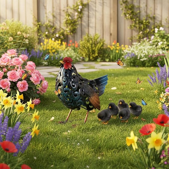 Chicken Metal Garden Statues,Backyard Scuplture,Outdoor Decoration, Yard Ornaments Outside Decor Home Deco, Retro Painting,Lifelike Gift for Friends Garden Lover (Hen)