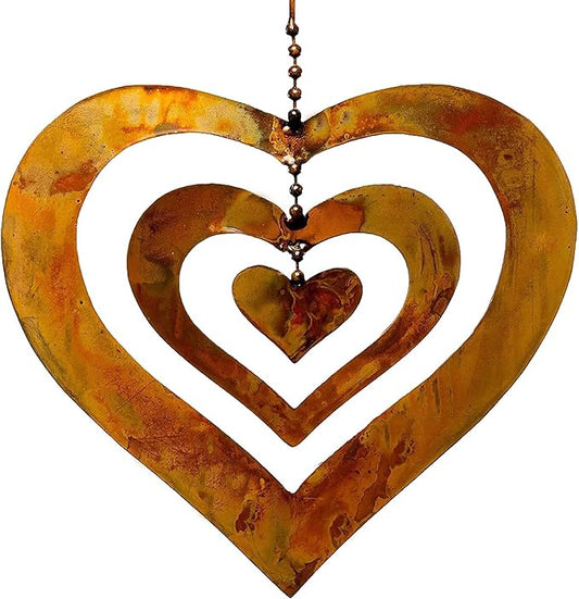 Natures Yard Flamed Copper Finish Triple Spinning Heart Metal Garden Art Hanging Spinner