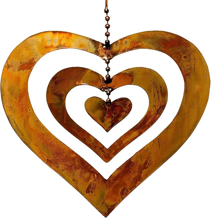 Natures Yard Flamed Copper Finish Triple Spinning Heart Metal Garden Art Hanging Spinner
