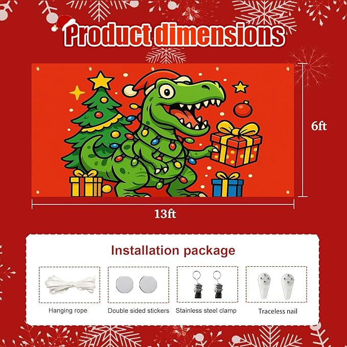 HOMETITUTE Christmas Garage Door Banner 13x6ft Dinosaur T-Rex Theme Backdrop Seasonal Christmas Decor Winter Door Cover Banners for Outside Garage Wall Covering for Party Garage Decorations