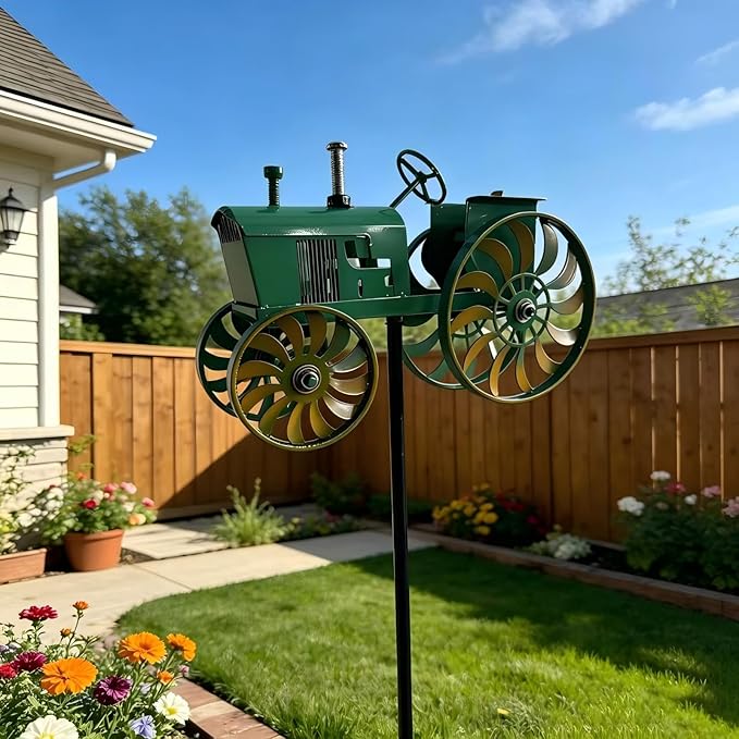 Green Tractor Wind Spinner Outdoor - Metal Windmill for Yard and Garden Decor - Kinetic Wind Sculptures & Spinners with Rotating Wheels and Sturdy Stake - Large Lawn Ornaments & Yard Art