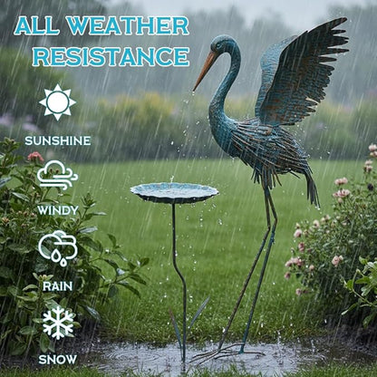 Heron Outdoor Statues with Leaf Tray, Large Crane Garden Statue for Outside, Elegant Metal Crane Yard Art Garden Decor for Garden Yard, Porch