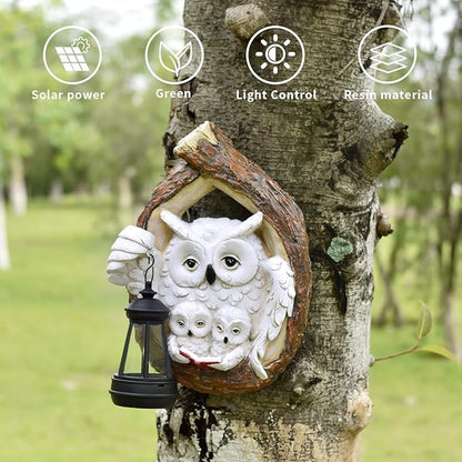 Solar Owl Family Reading a Book Wall Sculptures Outdoor Garden Decor Waterproof Resin Statue for Yard Patio Fence Tree Art Ornaments Home Decorations with Hanging LED
