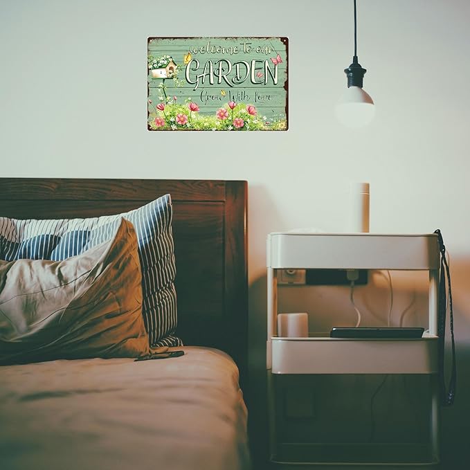 Flowers Metal Poster, Country Rustic Butterfly Tin Sign, Garden Grow with Love, Yard Garage Farm Outside Wall Decor Plaque Outdoor for Home Fence 8 X 12 Inch