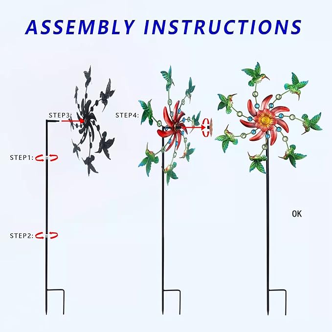 COOZZYHOUR 39" Hummingbird Wind Spinner for Yard and Garden Stake,Outdoor Metal Windmill Single Direction Wind Sculptures Kinetic Windmills for Yard Garden Decorations