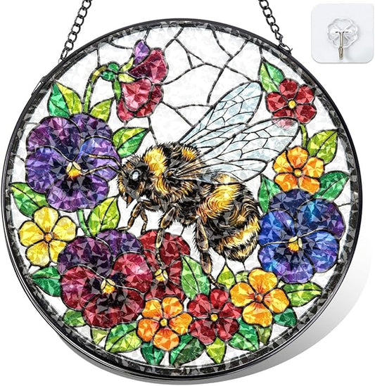 Bee Stained Glass Window Hanging - Round Floral & Bee Suncatcher with Chain, Colorful Glass Ornament for Home Garden Window Decor Gift, 8 Inch
