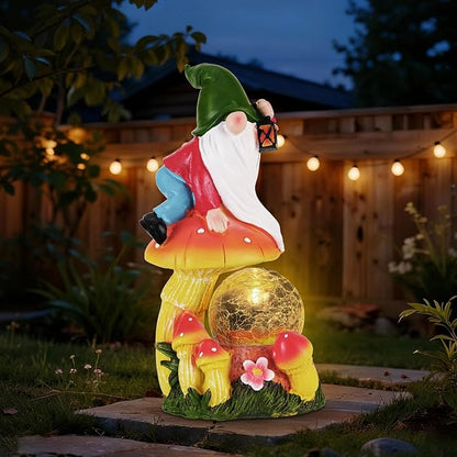 Garden Gnomes Outdoor Statues with Light, Spring Gnomes Decorations for Yard, Solar Garden Gnome with Mushroom Decor, Lawn Ornaments for Patio, Balcony Housewarming- Unique Women Gifts