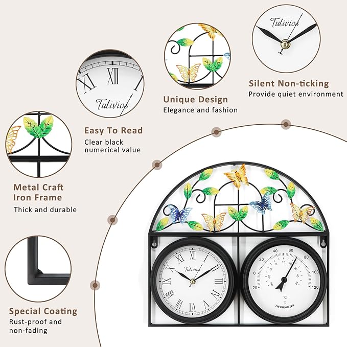 17Inch Large Outdoor Clock,Waterproof Wall Clock with Thermometer,Weatherproof Non-Ticking Quartz Battery Operated Decor Clock for Patio,Garden,Pool,Porch,House Warming Gifts