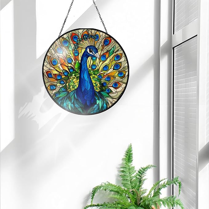 Bimkole Peacock Stained Glass Suncatcher Window Hanging - Animal Indoor Window or Doorway Decoration - Handmade Sun Catcher Decor for Garden Home Christmas & Birthday Gifts 7.87x7.87 inch