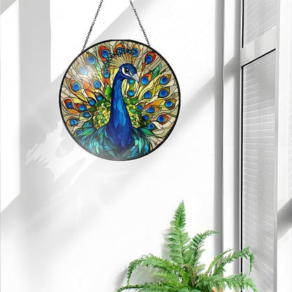Bimkole Peacock Stained Glass Suncatcher Window Hanging - Animal Indoor Window or Doorway Decoration - Handmade Sun Catcher Decor for Garden Home Christmas & Birthday Gifts 7.87x7.87 inch
