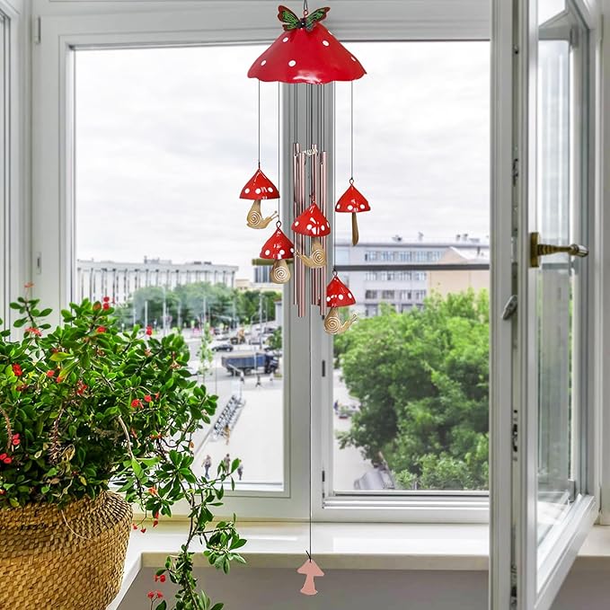 EVOLUX Wind Chimes for Outside, Mushroom Wind Chime Garden Decor Outdoor, Yard Decorations Wind Chimes for Mom Grandma Women Housewarming（Red）