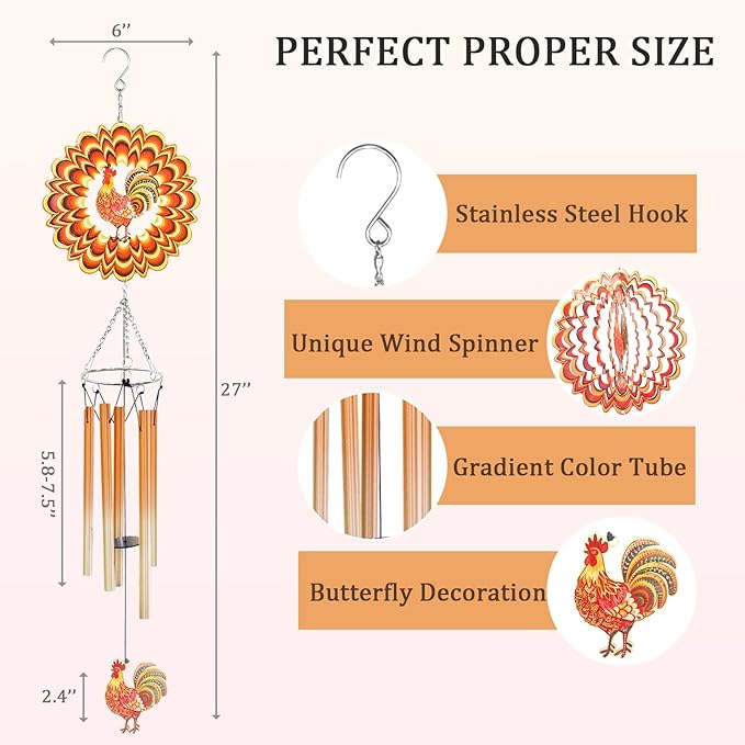 Wind Chimes for Outside with Chicken Wind Spinner, Unique Birthday Thanksgiving for Women Mom Grandma Neighbors Chicken Lovers, Outdoor Farm House Garden Yard Rooster Decor