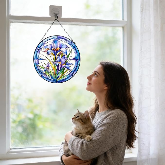 7.87" Sun Catchers Indoor Window,Butterfly Stained Glass Window Hanging, Window Suncatcher Hanging Ornaments Wall Art, Hand-Painted Glass Panel Home Decor (Style N)