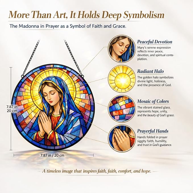 Virgin Mary Suncatcher Window Hanging, 7.8" Stained Glass Mother’s Day Religious Gift for Mom, Grandma and Friends, Catholic Christian Decor for Window, Prayer Room, Sunroom and Office