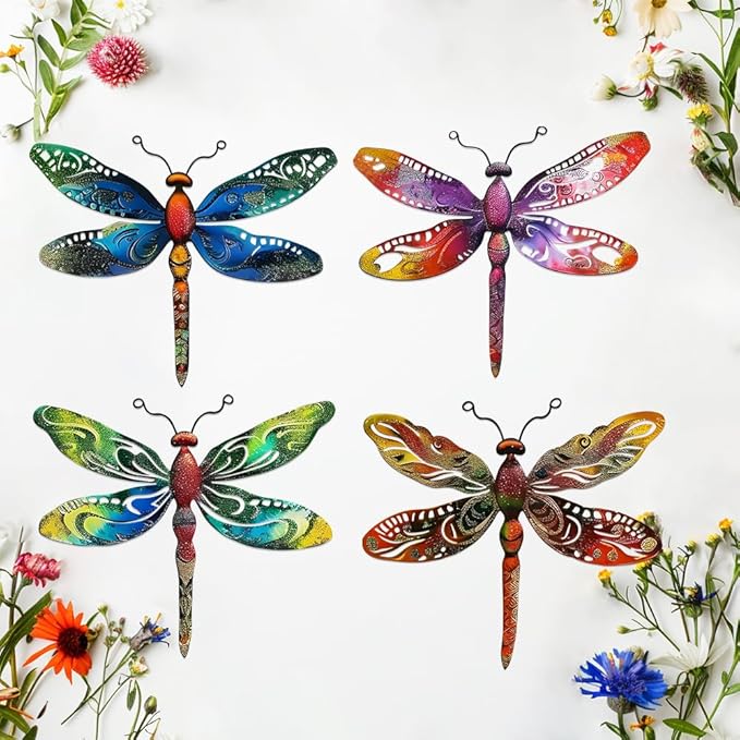 Zmvyw Set of 4 Dragonflies Metal Sign Art Decor,4Pcs Colorful Dragonfly Silhouette Wall Hanging Gifts for Birthday Housewarming,Dragonfly Ornament Decorate for Fence Garden Yard Patio Farmhouse Ranch