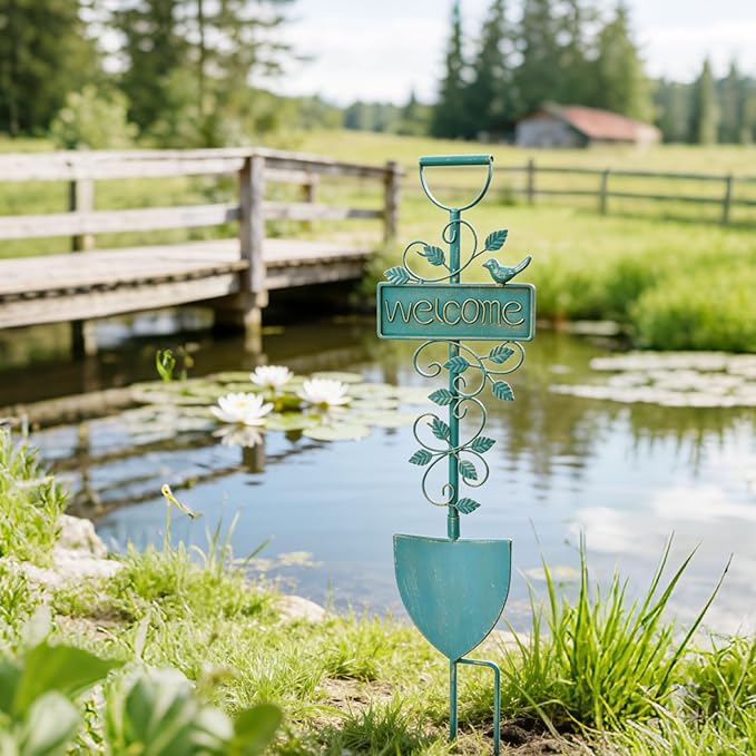 Metal Garden Art,Garden Stakes Decorative,Outdoor Welcome Stake with Shovel Design for Farmhouse, Garden Entrance, Lawn Decor