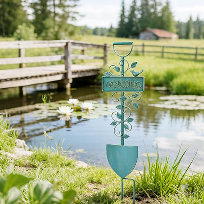 Metal Garden Art,Garden Stakes Decorative,Outdoor Welcome Stake with Shovel Design for Farmhouse, Garden Entrance, Lawn Decor