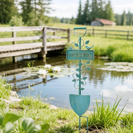 Metal Garden Art,Garden Stakes Decorative,Outdoor Welcome Stake with Shovel Design for Farmhouse, Garden Entrance, Lawn Decor