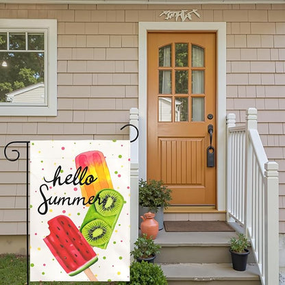 Hello Summer Garden Flag Colorful Popsicle Ice Cream Outdoor Yard Flags Lawn Porch Patio Summer Party Pool Decor Watermelon Kiwi Fruit Theme Seasonal House Banners Home Decoration 12x18 Inch