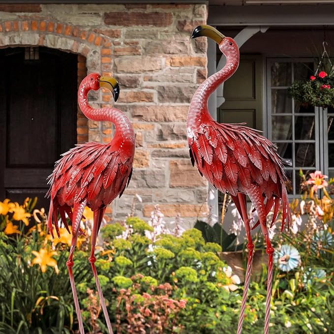 32-36 Inch Yard Flamingos Garden Statues, Metal Flamingo Outdoor Decor, Vibrant Flamingo Statues for Lawn, Backyard, Porch, Patio, Set of 2