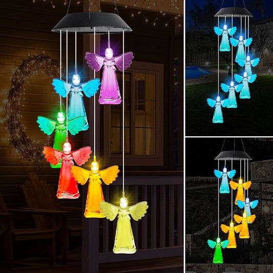 MorTime 28" LED Solar Wind Chime, Color Changing Solar Angel Wind Chimes Mobile Hanging Wind Chime for OutsideHome Garden Decoration