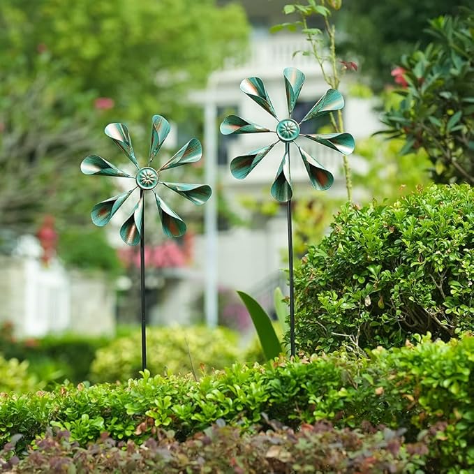 DREAMYSOUL 2 Pack Wind Spinners Outdoor, 10" Dia Metal Pinwheels for Yard and Garden, Kinetic Wind Sculptures & Spinner Outside (Bronze)