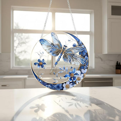 Sun Catchers Indoor Window Dragonfly and Flower，8x8 Inch Hanging Acrylic Sun Catchers Indoor Window Decor with Hook for Living Room Bedroom Summer Home Balcony Ornaments Decoration